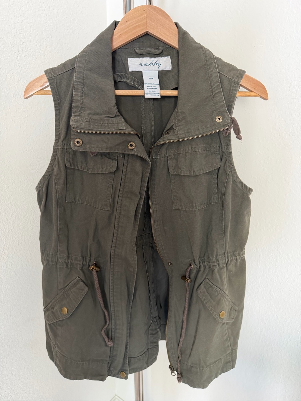 Sebby Olive Green Utility Vest with Drawcord Waist